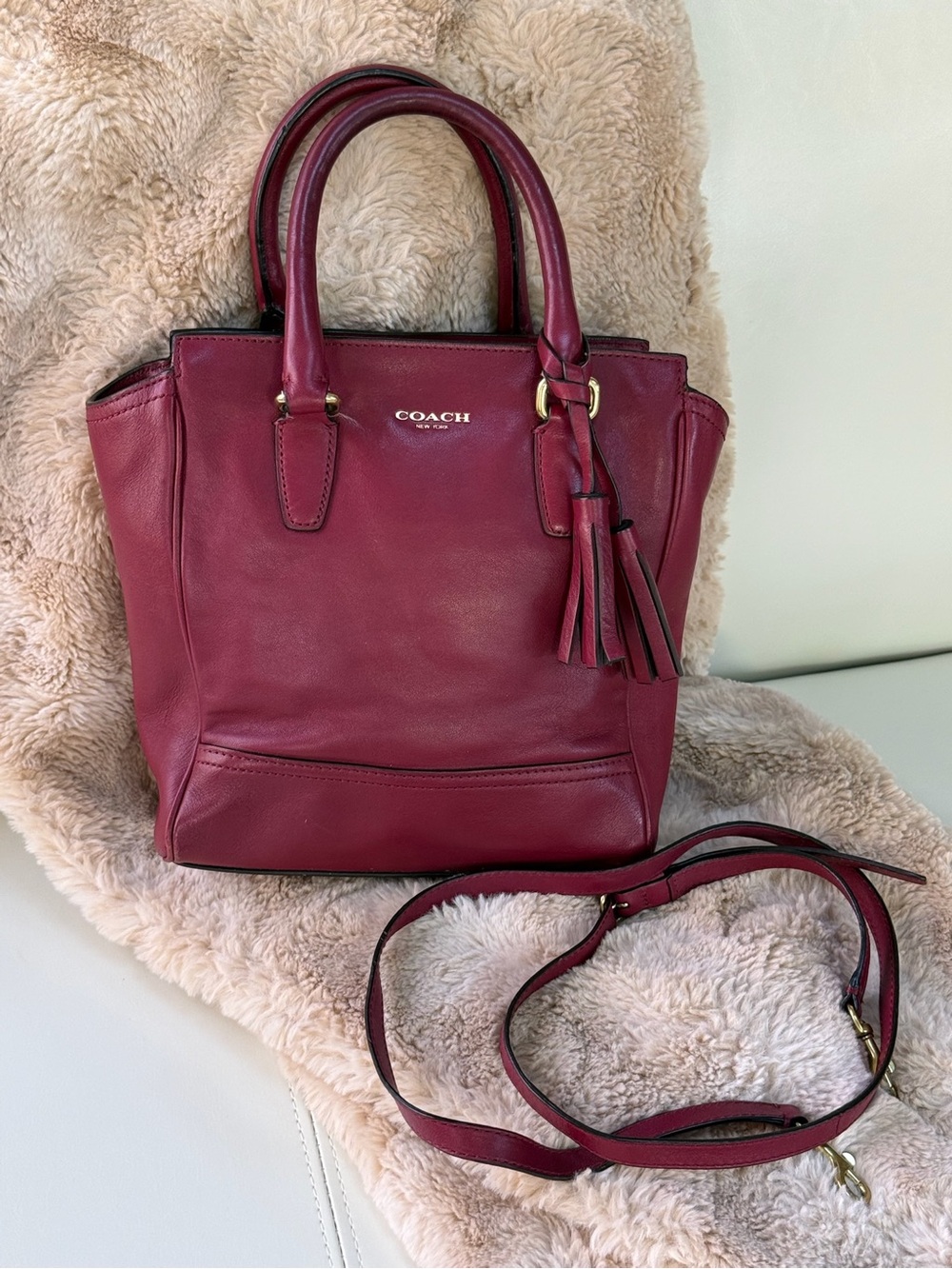 COACH Wine Red Leather Satchel with Tassel